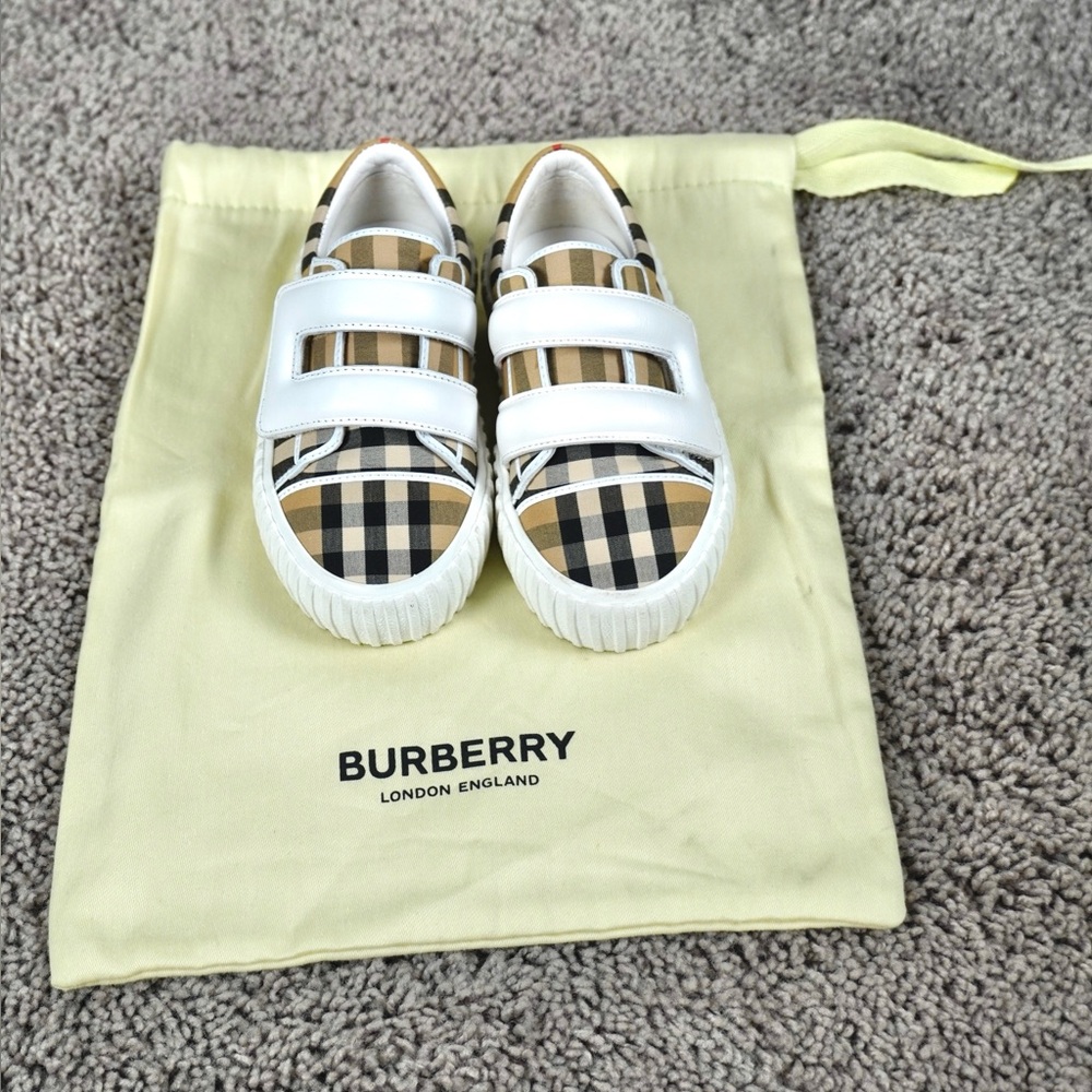 Burberry Kids Check Velcro Sneakers in Tan, Black, White